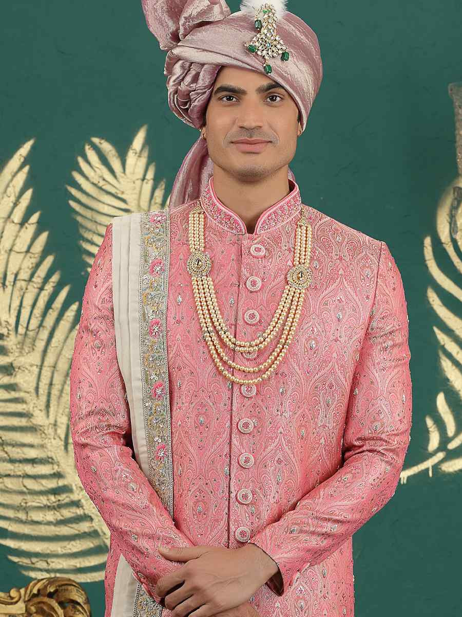Pink Banarasi Silk Embroidered Festival Wedding Mens Sherwani