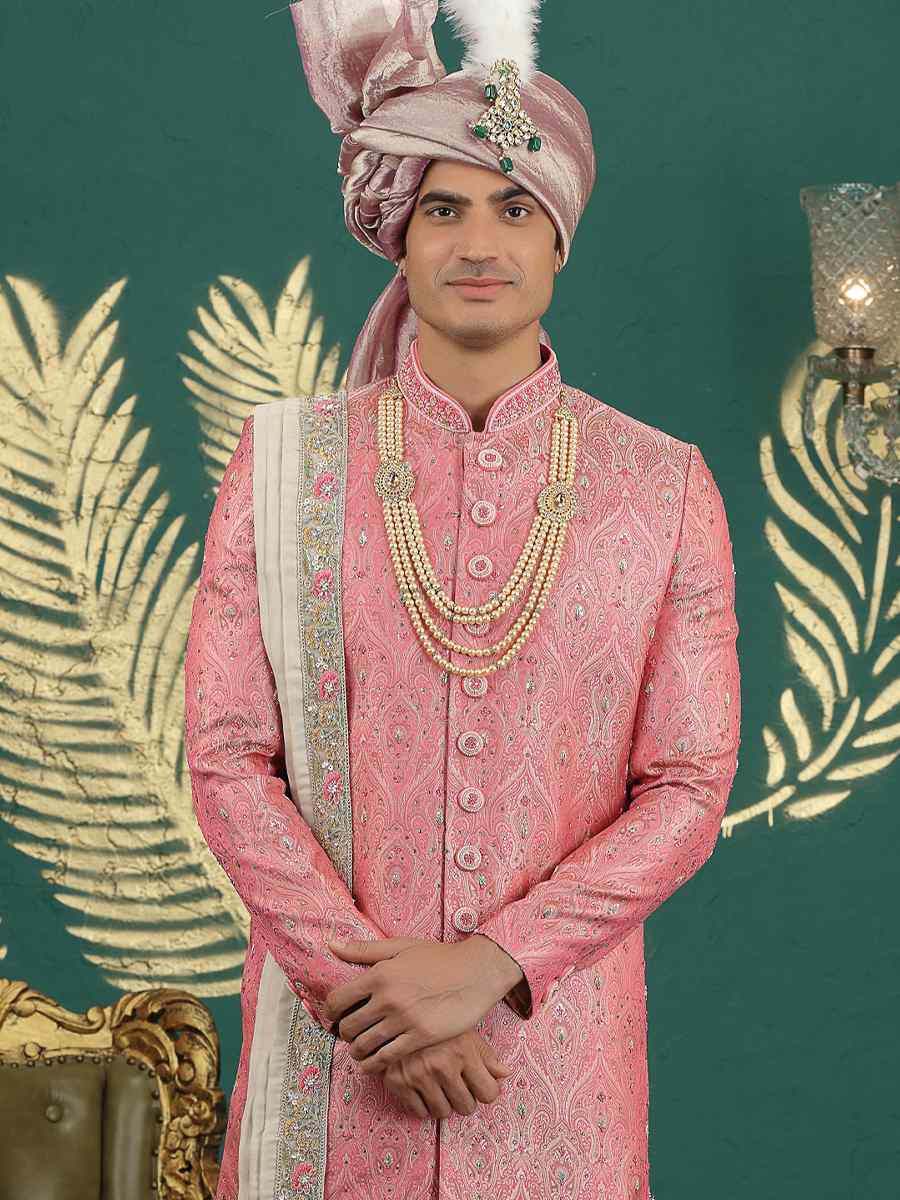Pink Banarasi Silk Embroidered Festival Wedding Mens Sherwani