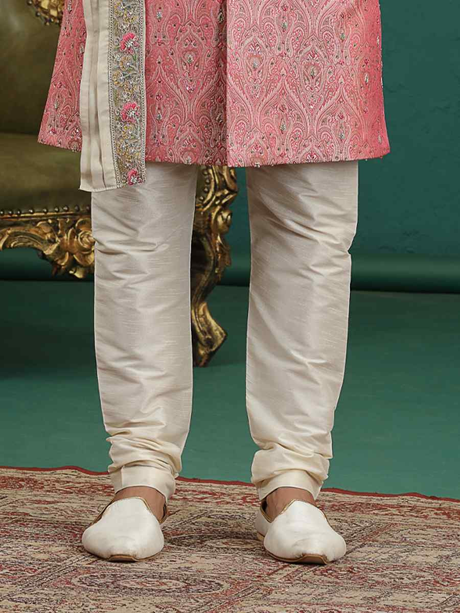 Pink Banarasi Silk Embroidered Festival Wedding Mens Sherwani