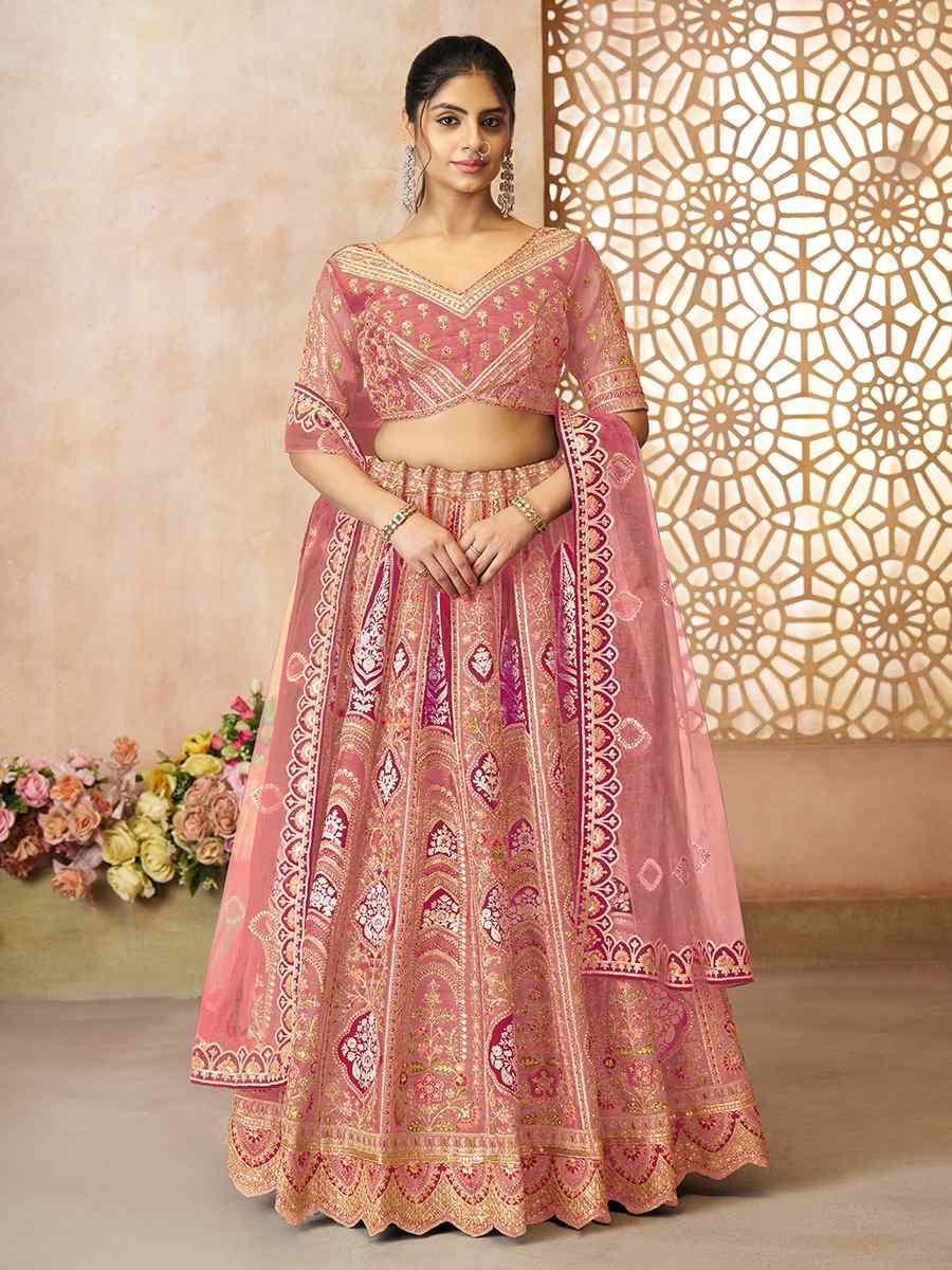 Pink Banarasi silk Embroidered Wedding Bridesmaid Heavy Border Lehenga Choli