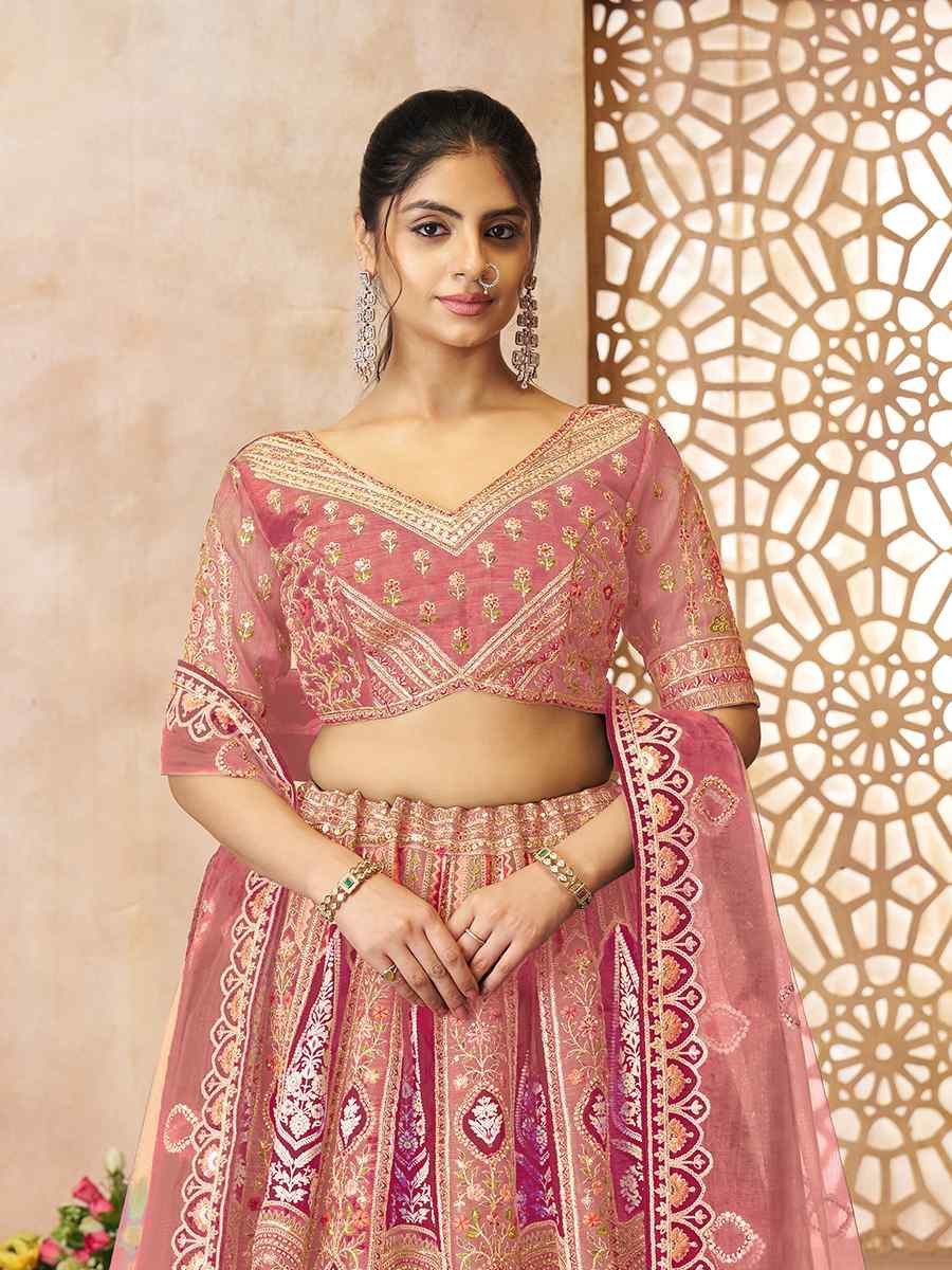 Pink Banarasi silk Embroidered Wedding Bridesmaid Heavy Border Lehenga Choli