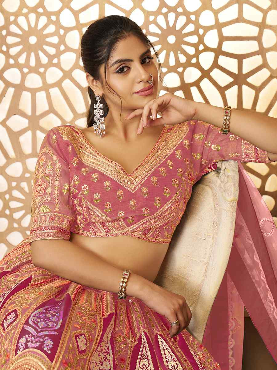 Pink Banarasi silk Embroidered Wedding Bridesmaid Heavy Border Lehenga Choli