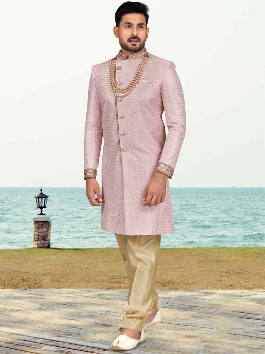 Pink Banarasi Silk Embroidered Wedding Festival Sherwani