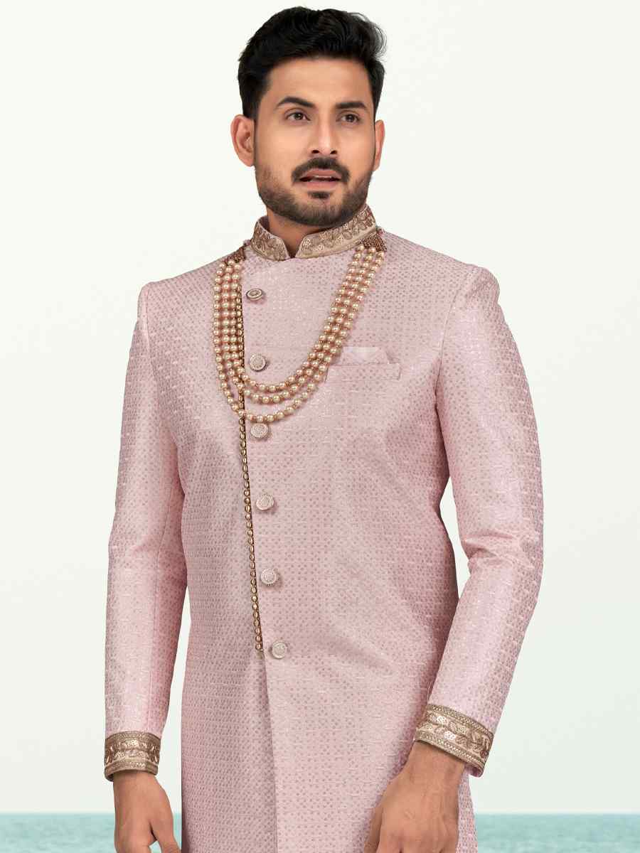 Pink Banarasi Silk Embroidered Wedding Festival Sherwani