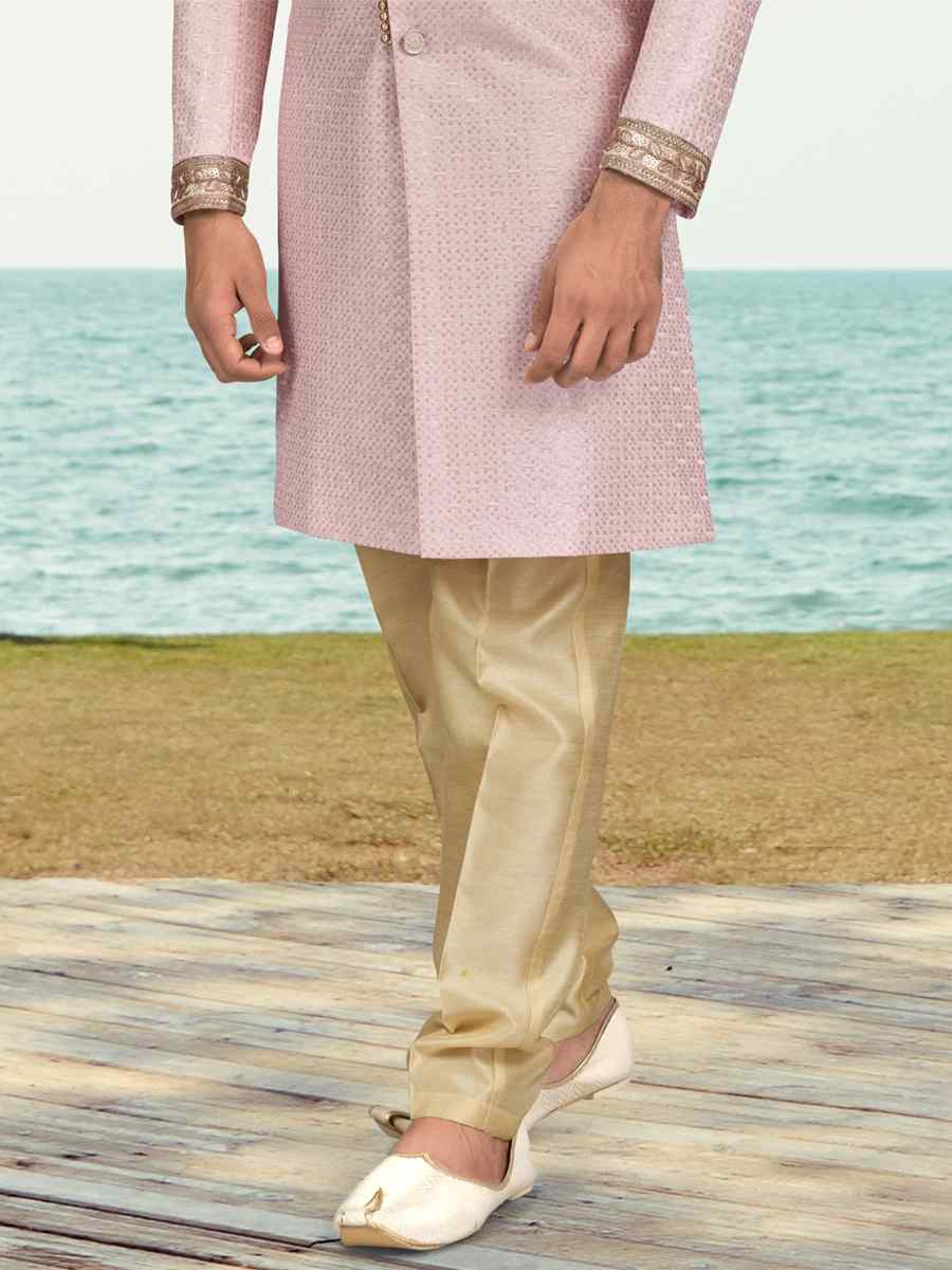 Pink Banarasi Silk Embroidered Wedding Festival Sherwani