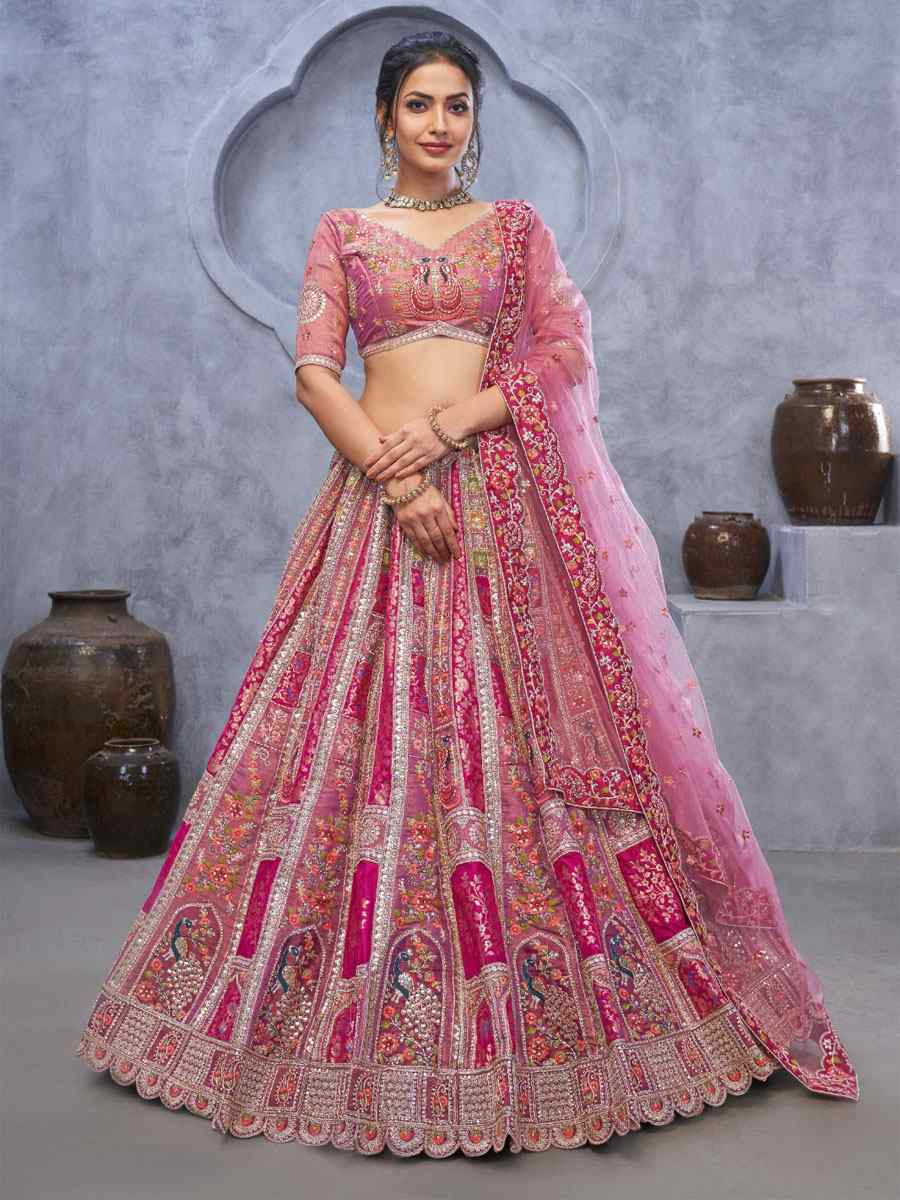 Pink Banarasi Silk Embroidered Wedding Reception Festival Heavy Border Lehenga Choli