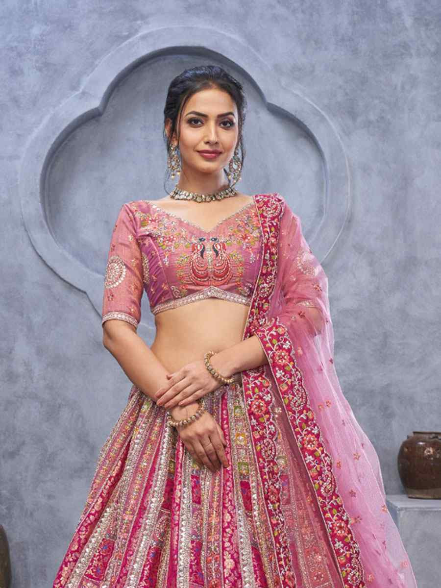 Pink Banarasi Silk Embroidered Wedding Reception Festival Heavy Border Lehenga Choli