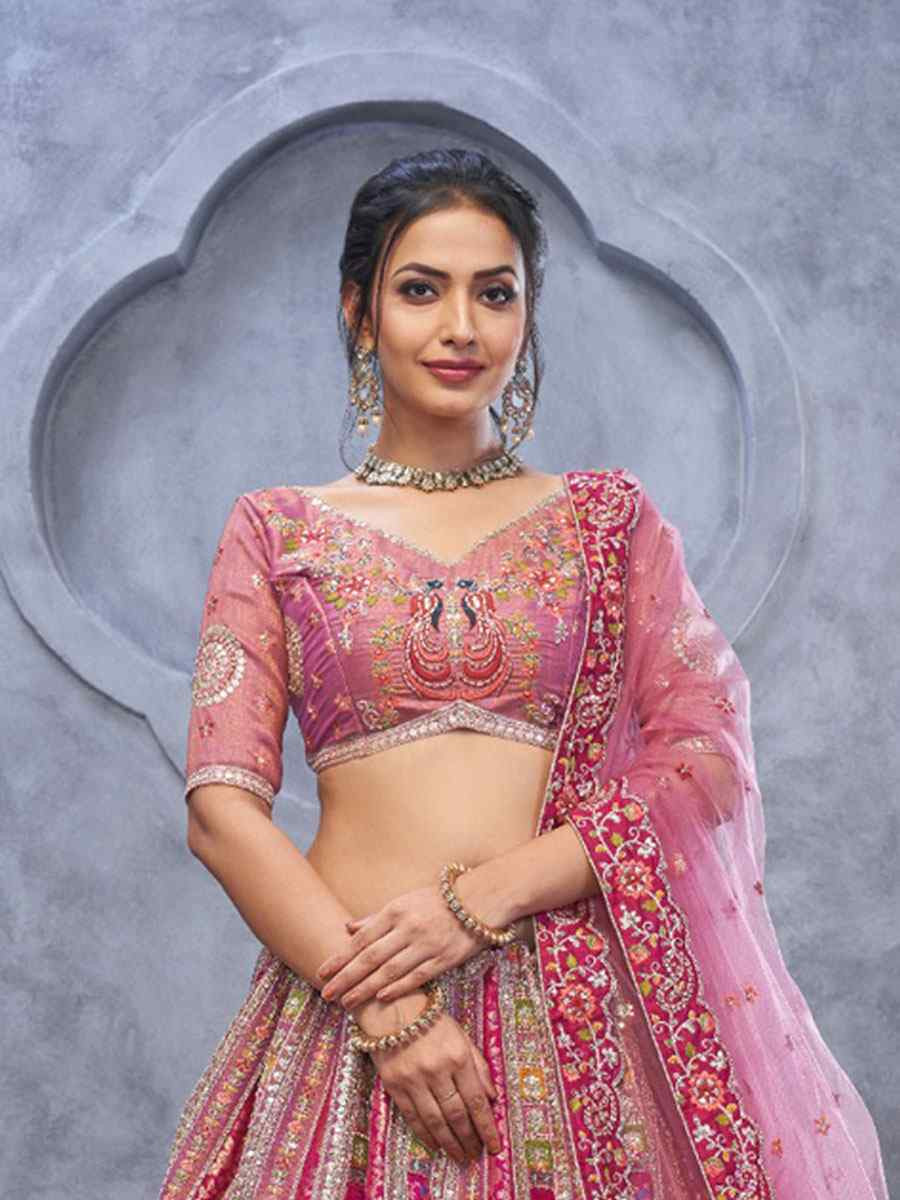 Pink Banarasi Silk Embroidered Wedding Reception Festival Heavy Border Lehenga Choli
