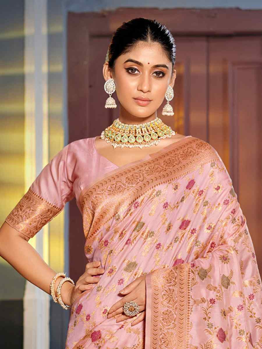 Pink Banarasi Silk HandWeaving Pall Festival Wedding Fancy Heavy Border Saree
