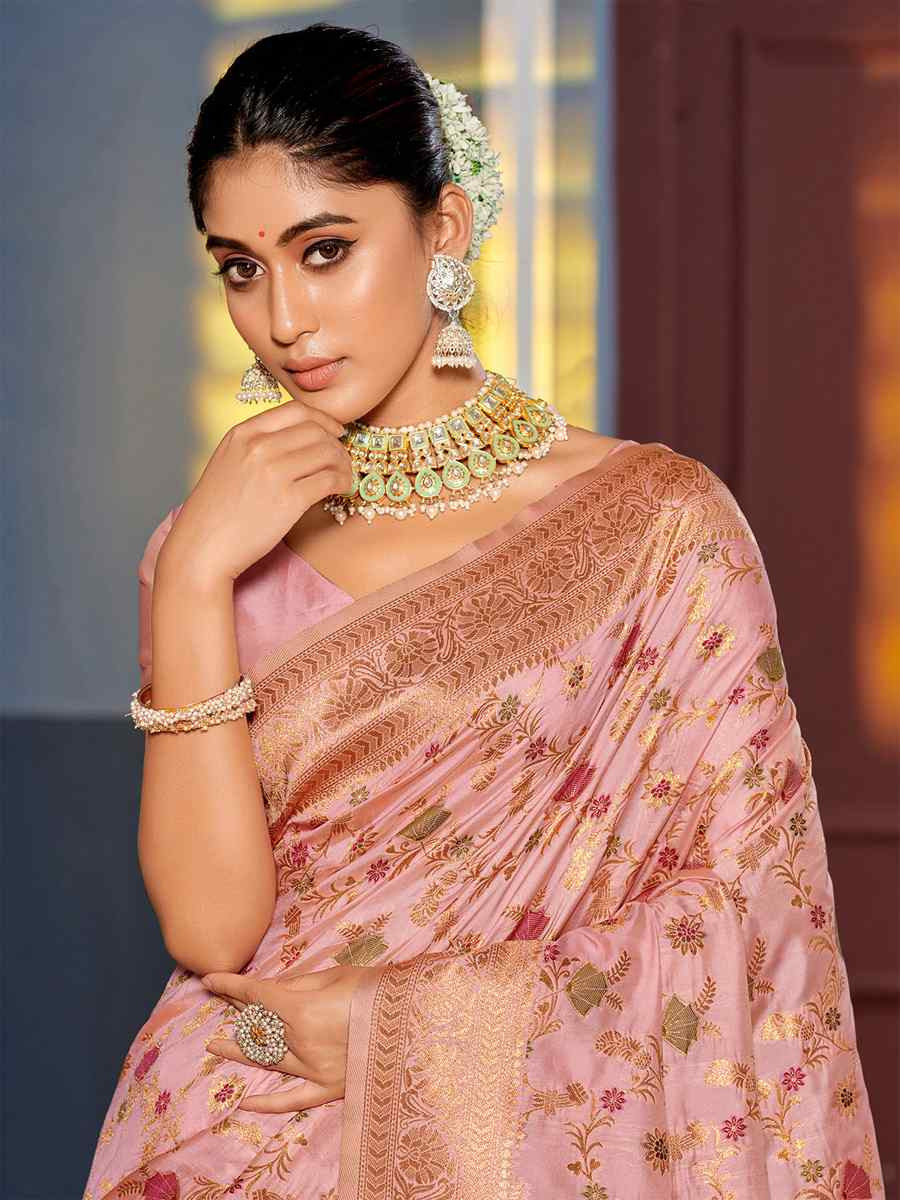 Pink Banarasi Silk HandWeaving Pall Festival Wedding Fancy Heavy Border Saree