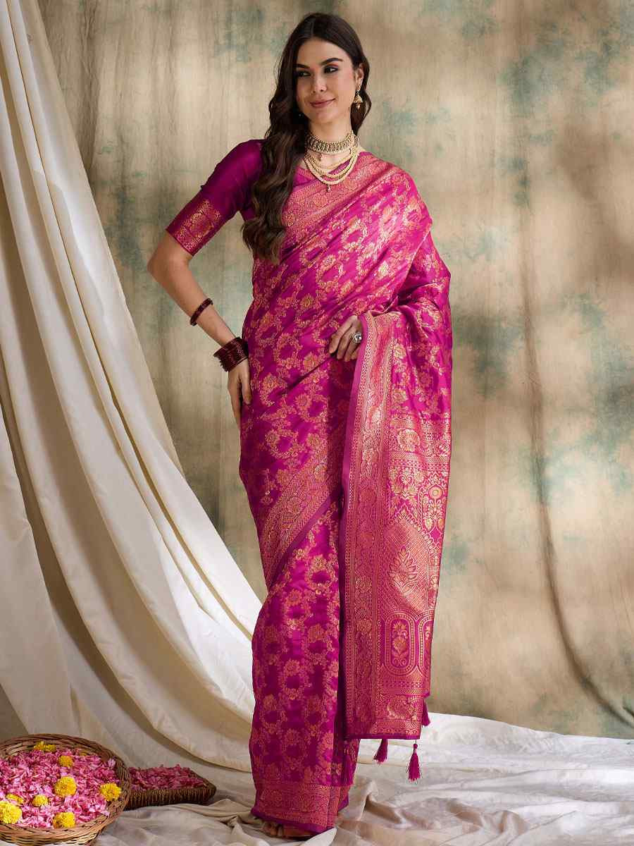 Pink Banarasi Silk Handwoven Bridal Reception Festival Wedding Fancy Heavy Border Sarees
