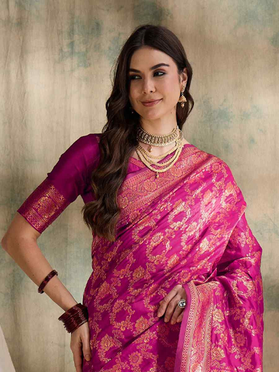 Pink Banarasi Silk Handwoven Bridal Reception Festival Wedding Fancy Heavy Border Sarees