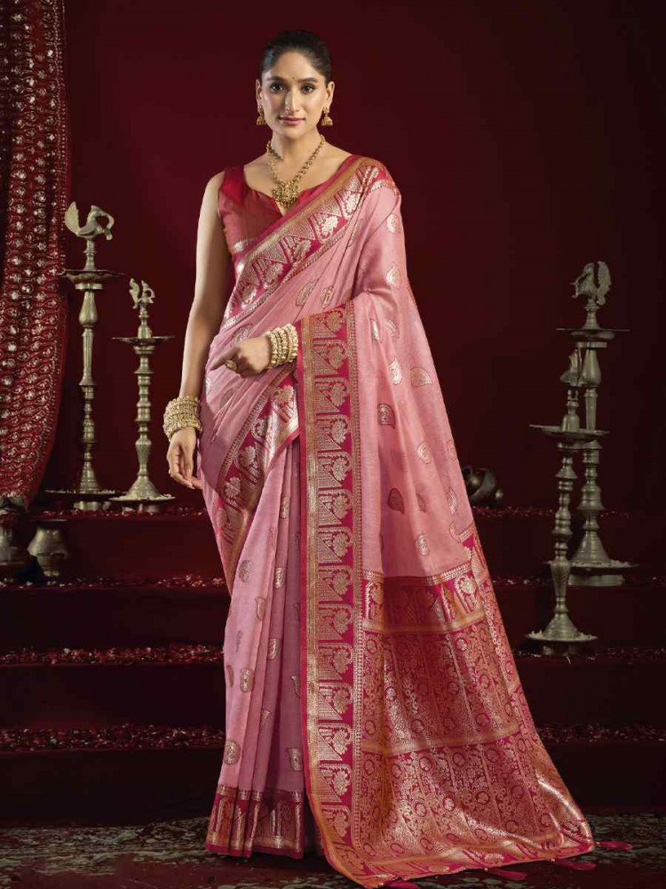 Image of Pink Banarasi Silk Handwoven Casual Reception Festival Wedding Fancy Heavy Border Saree