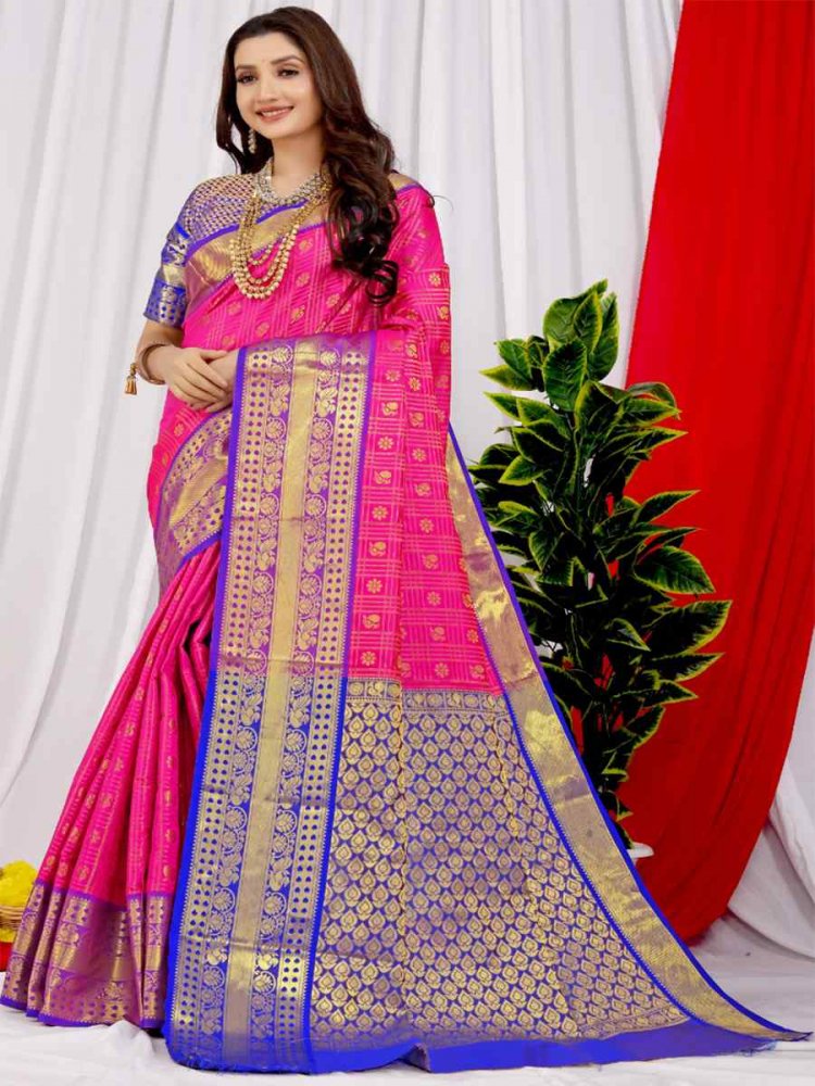 Pink Banarasi Silk Handwoven Festival Casual Heavy Border Saree