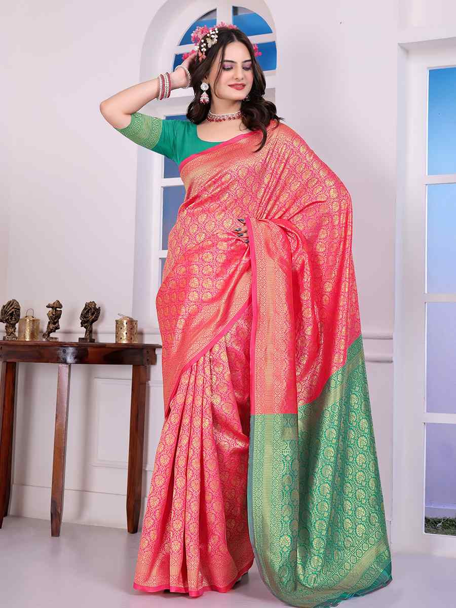 Pink Banarasi Silk Handwoven Festival Wedding Fancy Heavy Border Saree