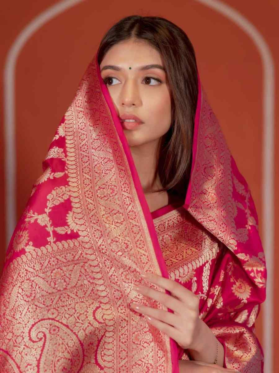 Pink Banarasi Silk Handwoven Festival Wedding Fancy Heavy Border Saree