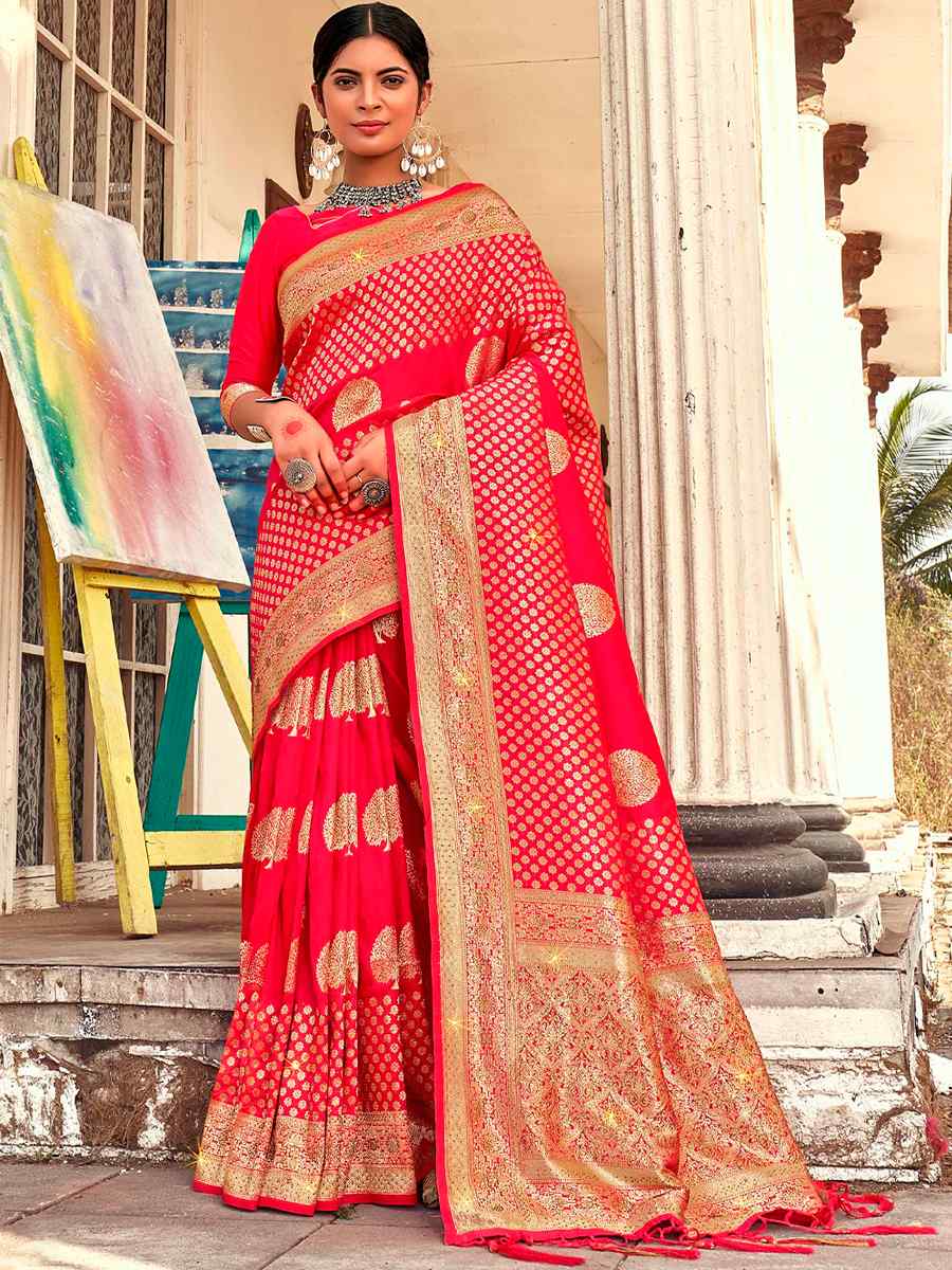 Pink Banarasi Silk Handwoven Festival Wedding Heavy Border Saree