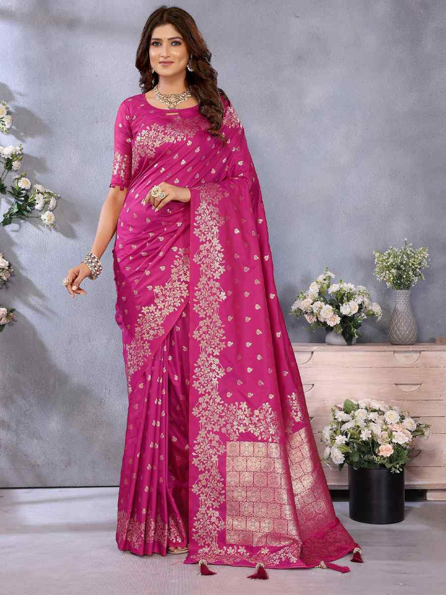 Pink Banarasi Silk Handwoven Traditional Bridal Reception Festival Wedding Fancy Heavy Border Saree