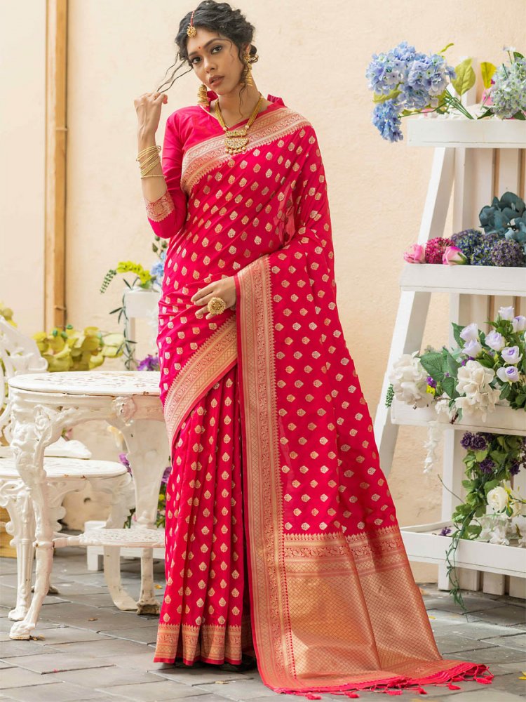 Pink Banarasi Silk Handwoven Wedding Festival Heavy Border Saree