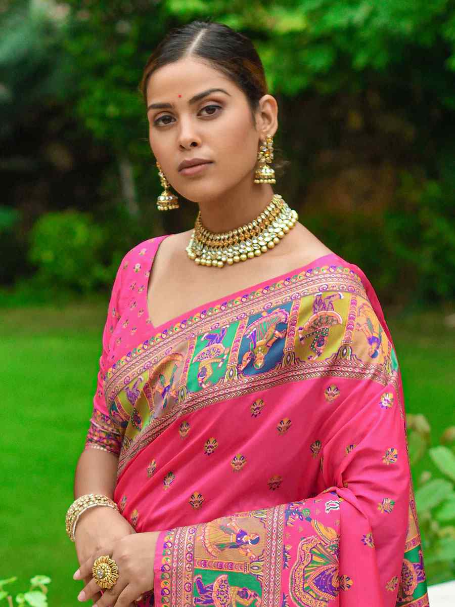 Pink Banarasi Silk Handwoven Wedding Festival Heavy Border Saree