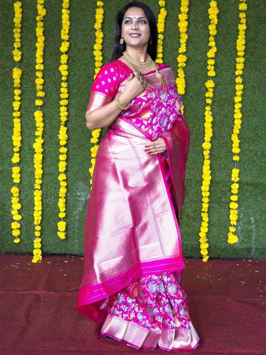Pink Banarasi Silk Handwoven Wedding Festival Heavy Border Saree
