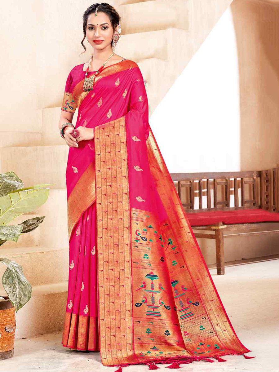 Pink Banarasi Silk Handwoven Wedding Festival Heavy Border Saree