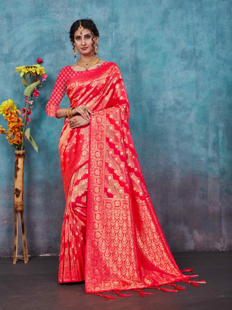 Pink Banarasi Silk Handwoven Wedding Festival Heavy Border Saree