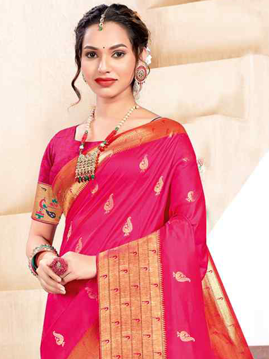 Pink Banarasi Silk Handwoven Wedding Festival Heavy Border Saree