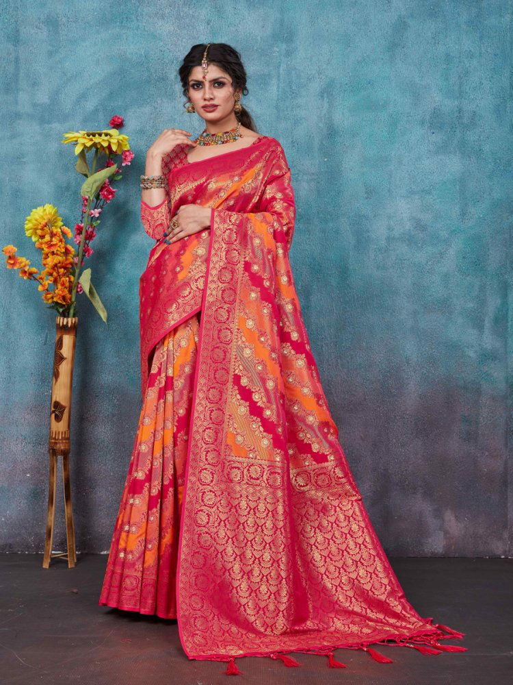 Pink Banarasi Silk Handwoven Wedding Festival Heavy Border Saree