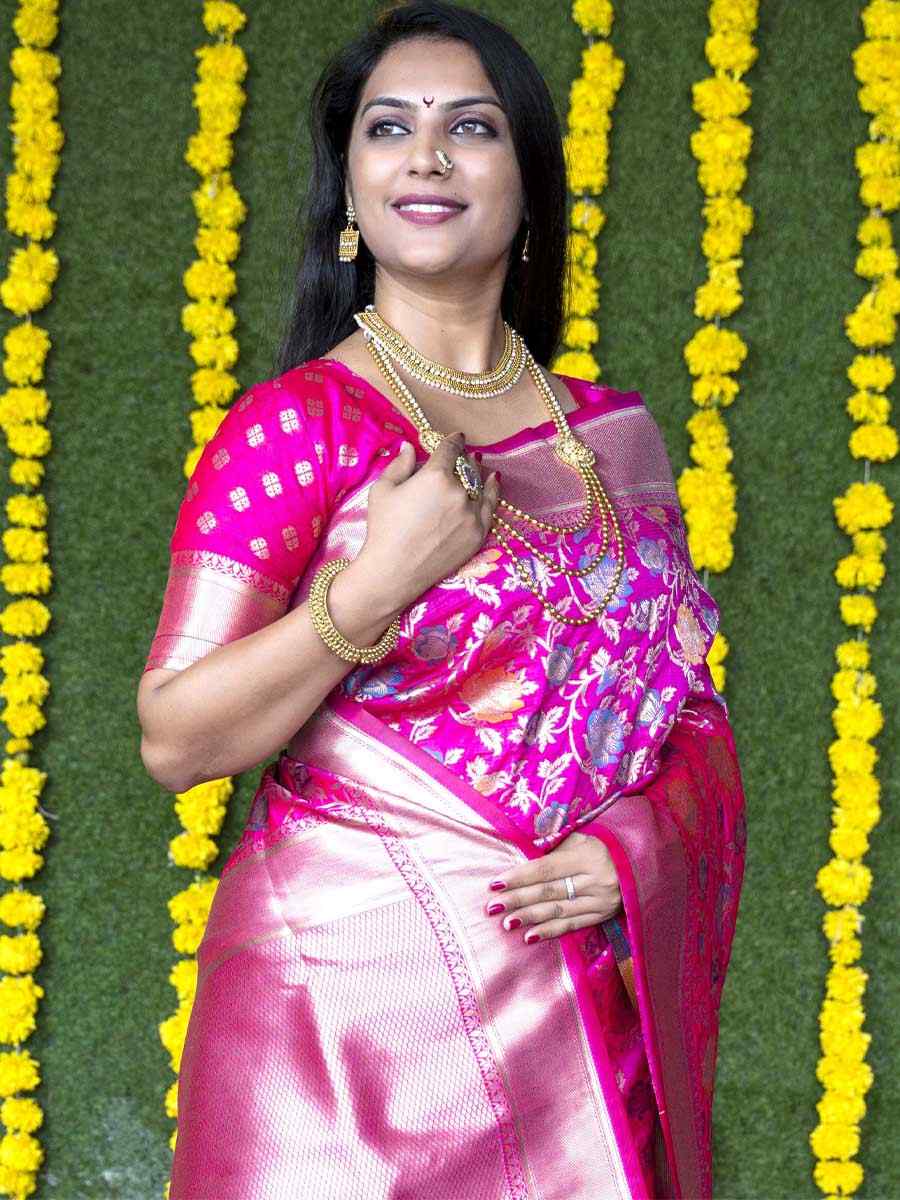 Pink Banarasi Silk Handwoven Wedding Festival Heavy Border Saree