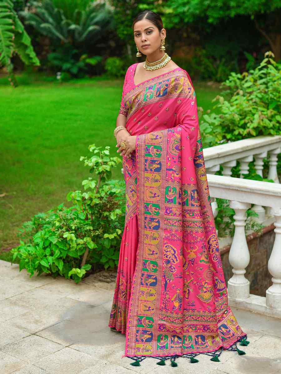 Pink Banarasi Silk Handwoven Wedding Festival Heavy Border Saree