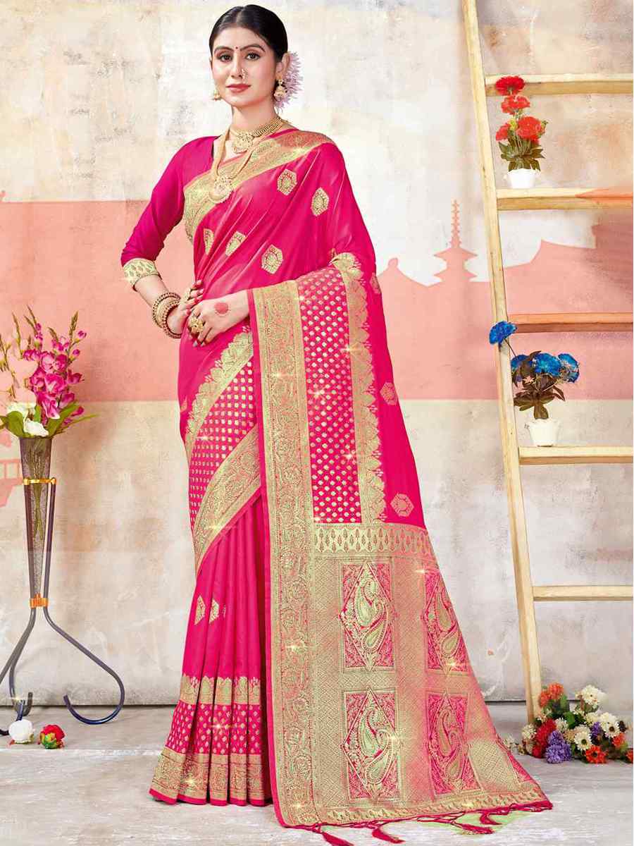 Pink Banarasi Silk Handwoven Wedding Festival Heavy Border Saree