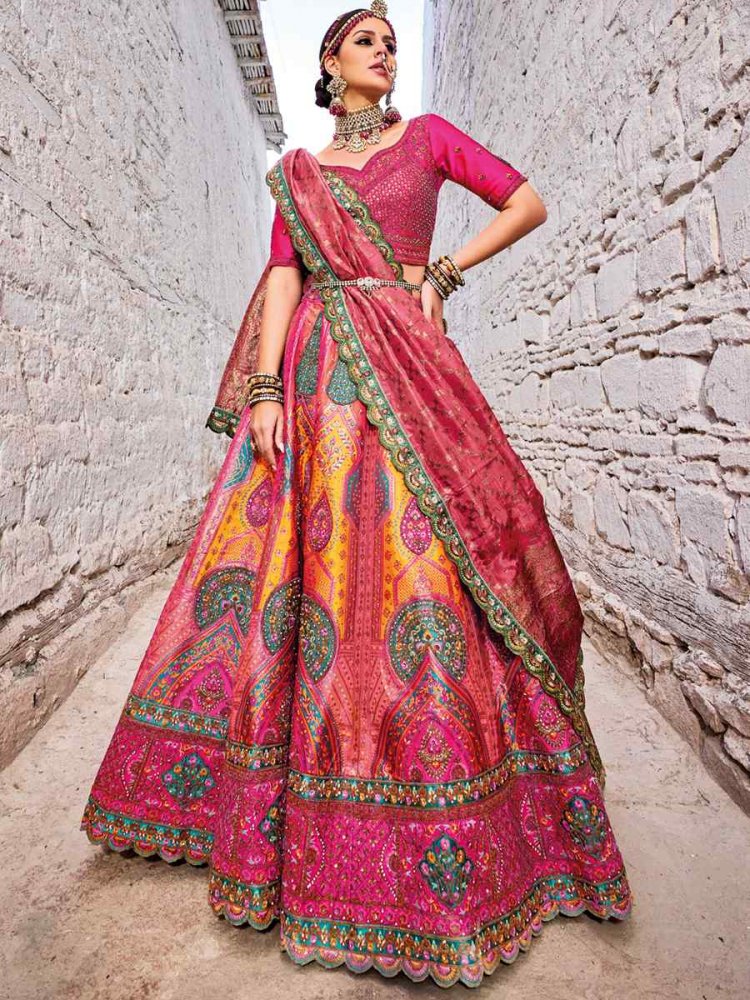 Pink Banarasi Silk Jacquard Embroidered Bridal Wedding Heavy Border Lehenga Choli