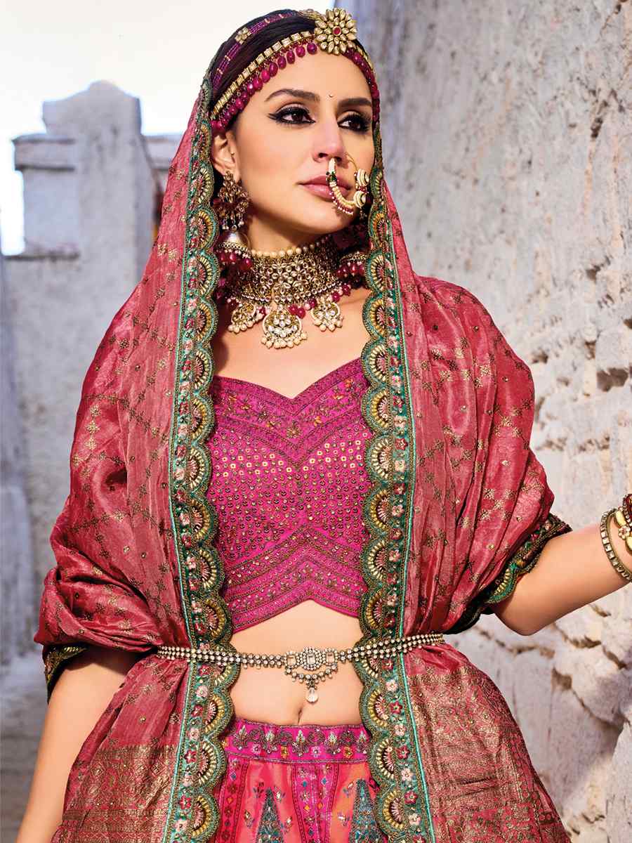 Pink Banarasi Silk Jacquard Embroidered Bridal Wedding Heavy Border Lehenga Choli