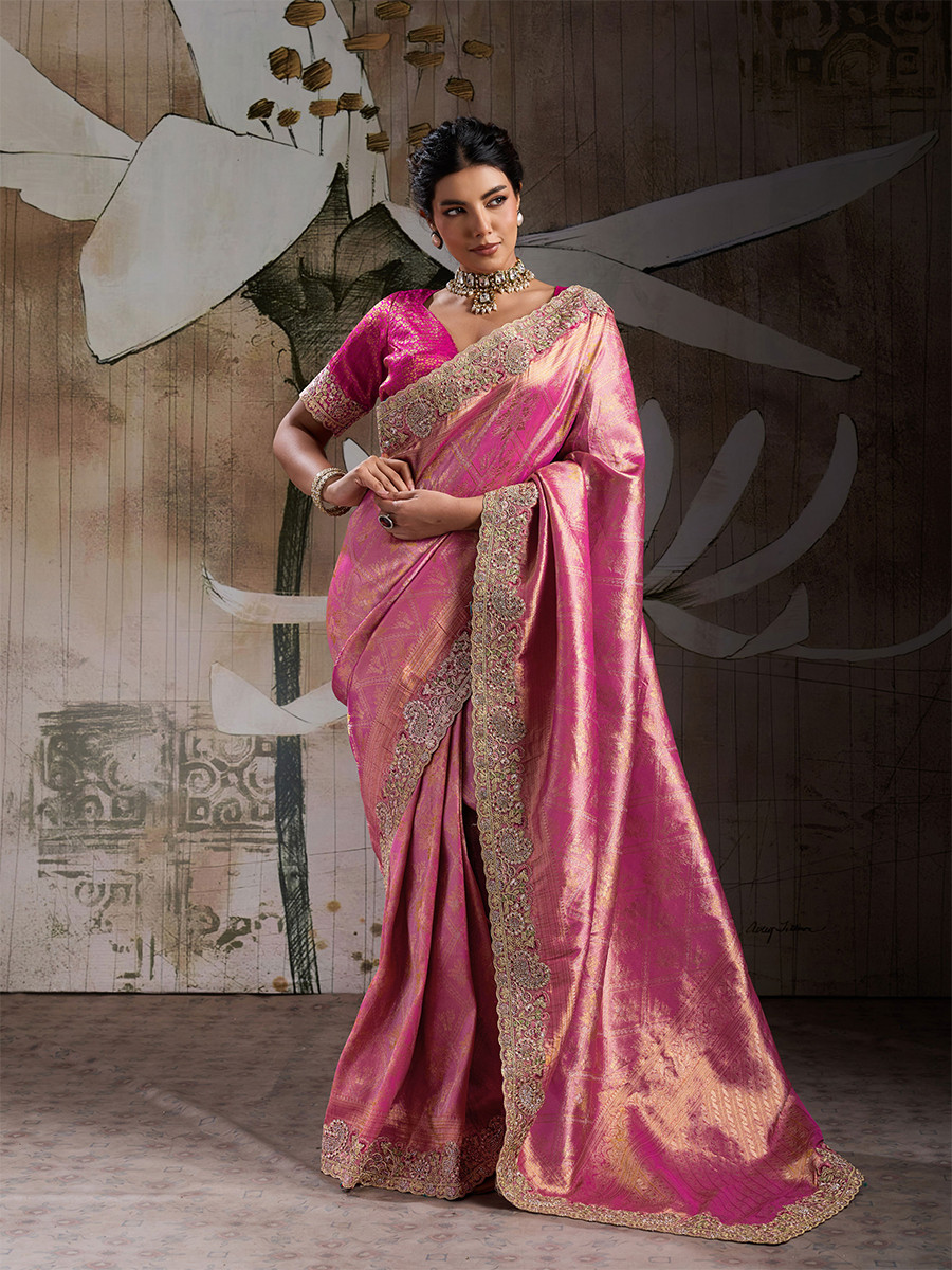 Pink Banarasi Silk Jacquard Embroidery Zari Sequins Wedding Reception Party Festival Casual Heavy Border Sarees