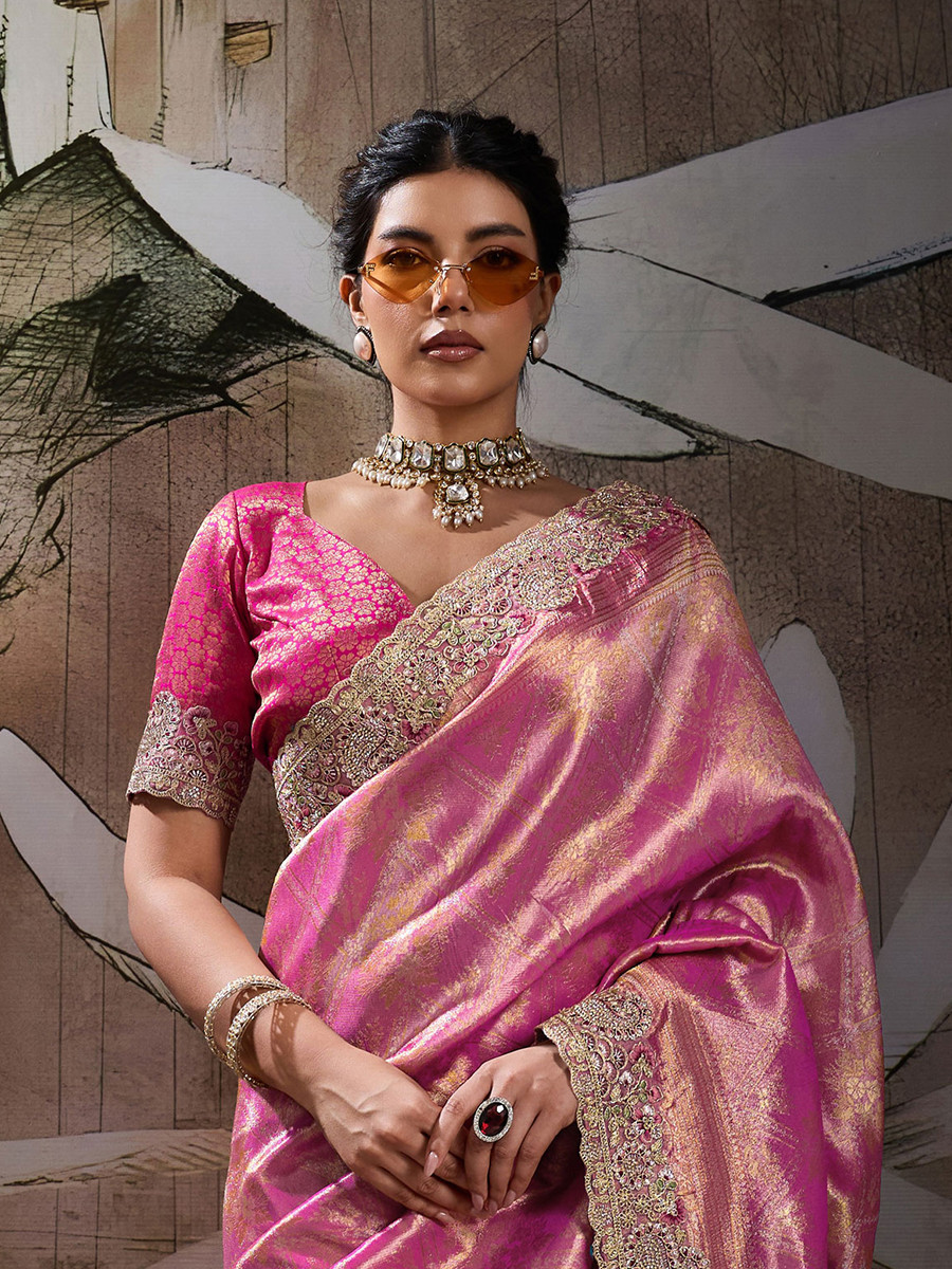 Pink Banarasi Silk Jacquard Embroidery Zari Sequins Wedding Reception Party Festival Casual Heavy Border Sarees