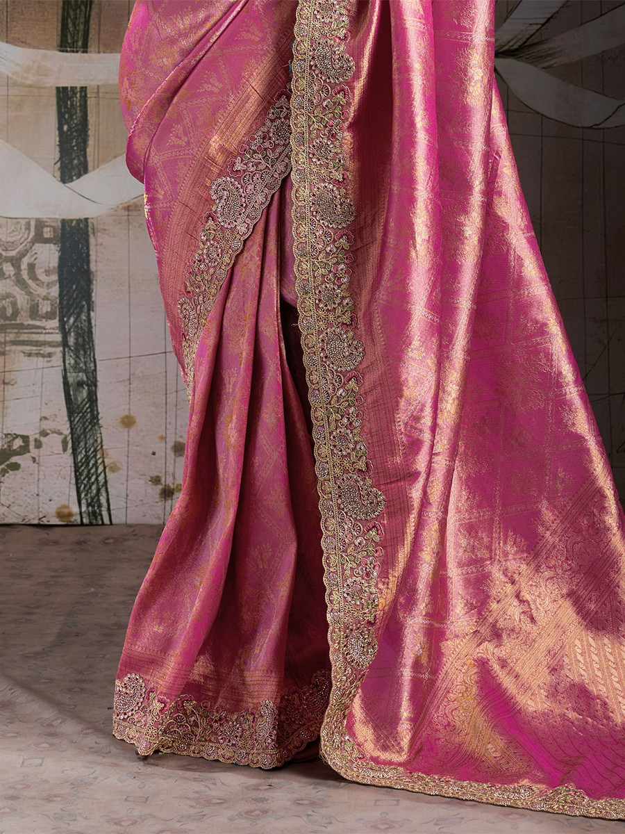 Pink Banarasi Silk Jacquard Embroidery Zari Sequins Wedding Reception Party Festival Casual Heavy Border Sarees