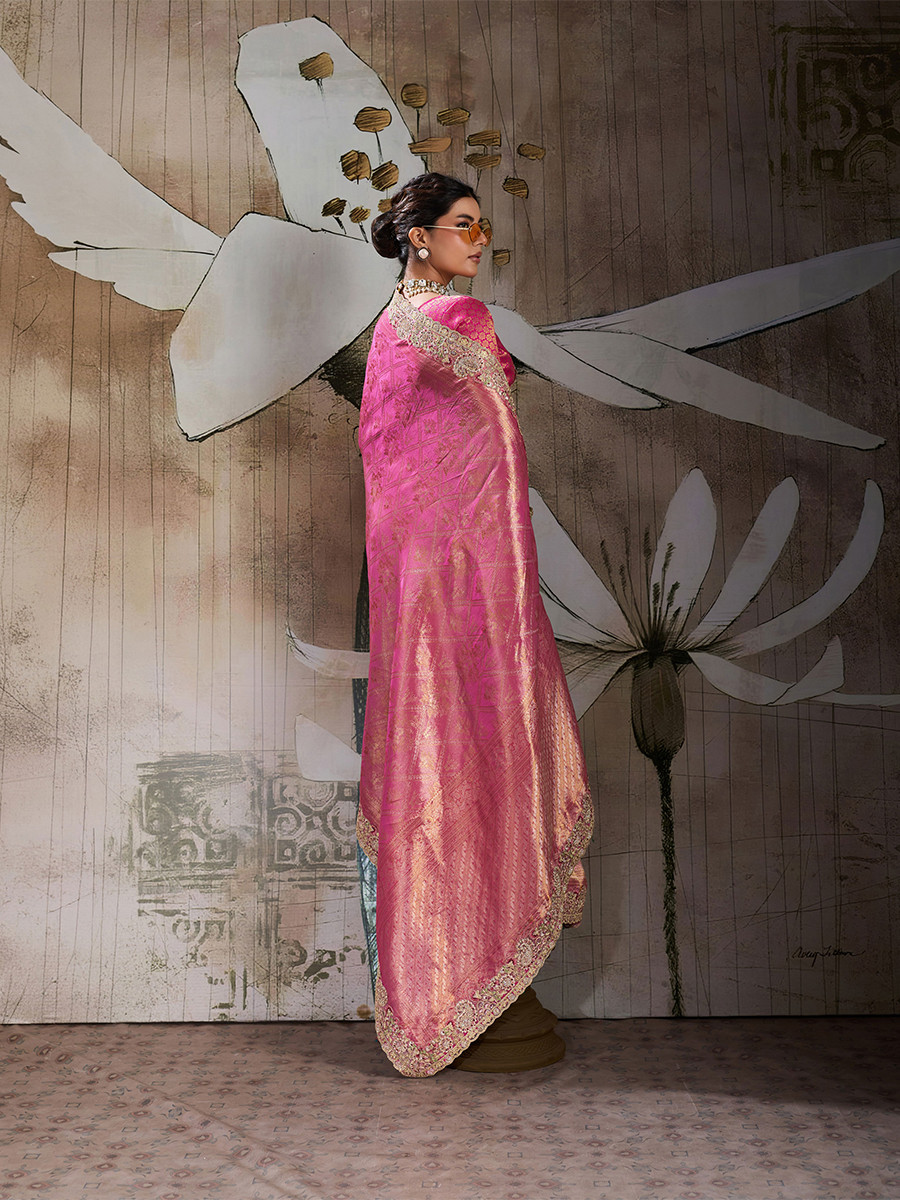 Pink Banarasi Silk Jacquard Embroidery Zari Sequins Wedding Reception Party Festival Casual Heavy Border Sarees