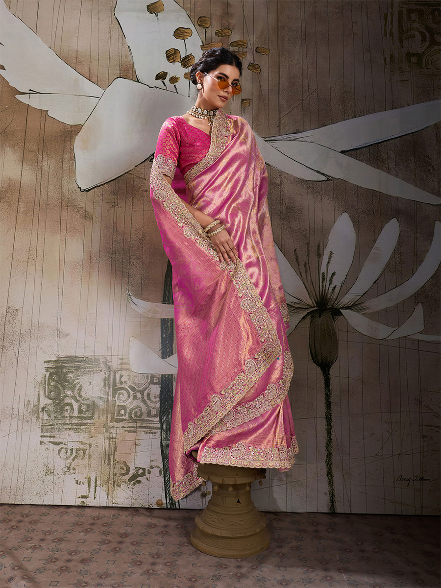 Pink Banarasi Silk Jacquard Embroidery Zari Sequins Wedding Reception Party Festival Casual Heavy Border Sarees