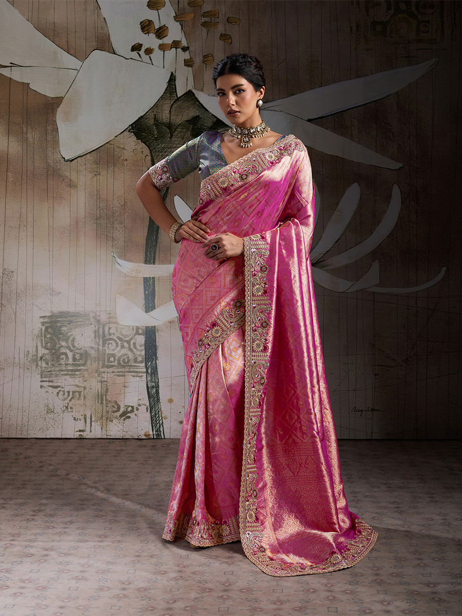 Pink Banarasi Silk Jacquard Embroidery Zari Sequins Wedding Reception Party Festival Casual Heavy Border Sarees
