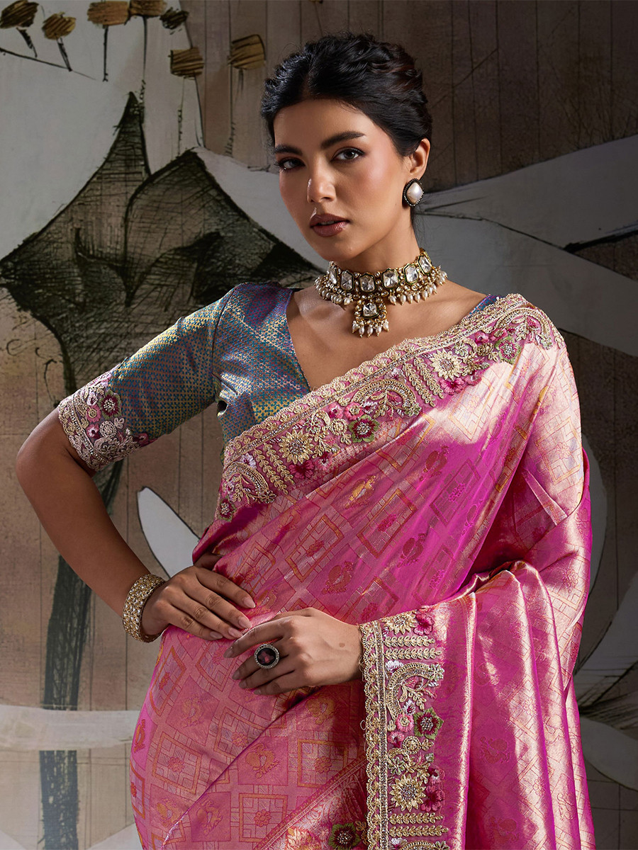Pink Banarasi Silk Jacquard Embroidery Zari Sequins Wedding Reception Party Festival Casual Heavy Border Sarees