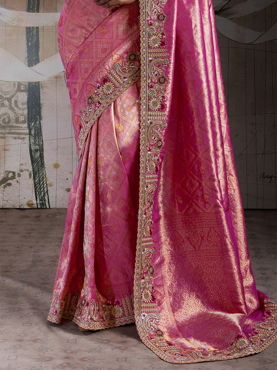 Pink Banarasi Silk Jacquard Embroidery Zari Sequins Wedding Reception Party Festival Casual Heavy Border Sarees