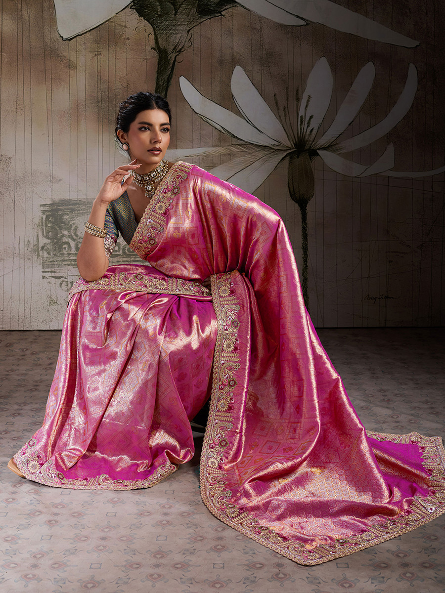Pink Banarasi Silk Jacquard Embroidery Zari Sequins Wedding Reception Party Festival Casual Heavy Border Sarees