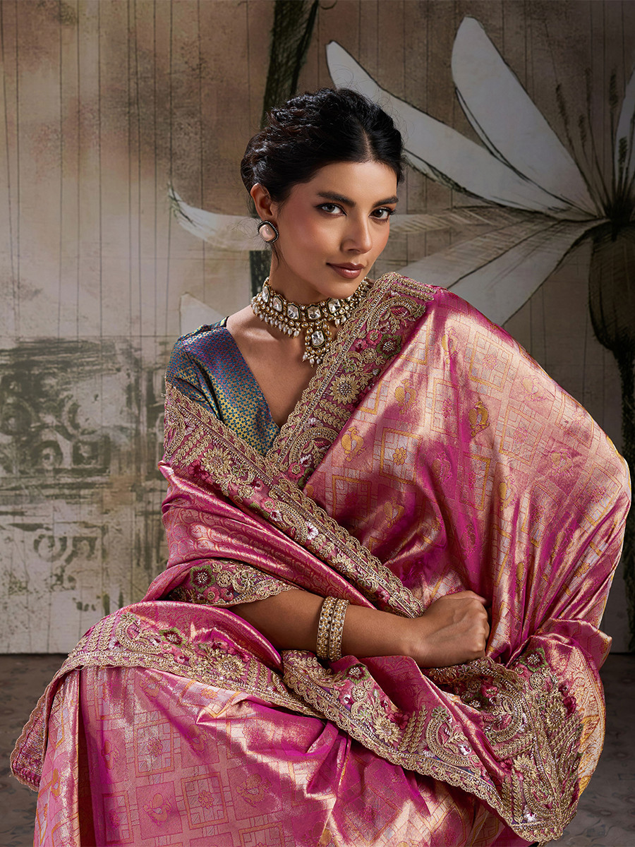 Pink Banarasi Silk Jacquard Embroidery Zari Sequins Wedding Reception Party Festival Casual Heavy Border Sarees