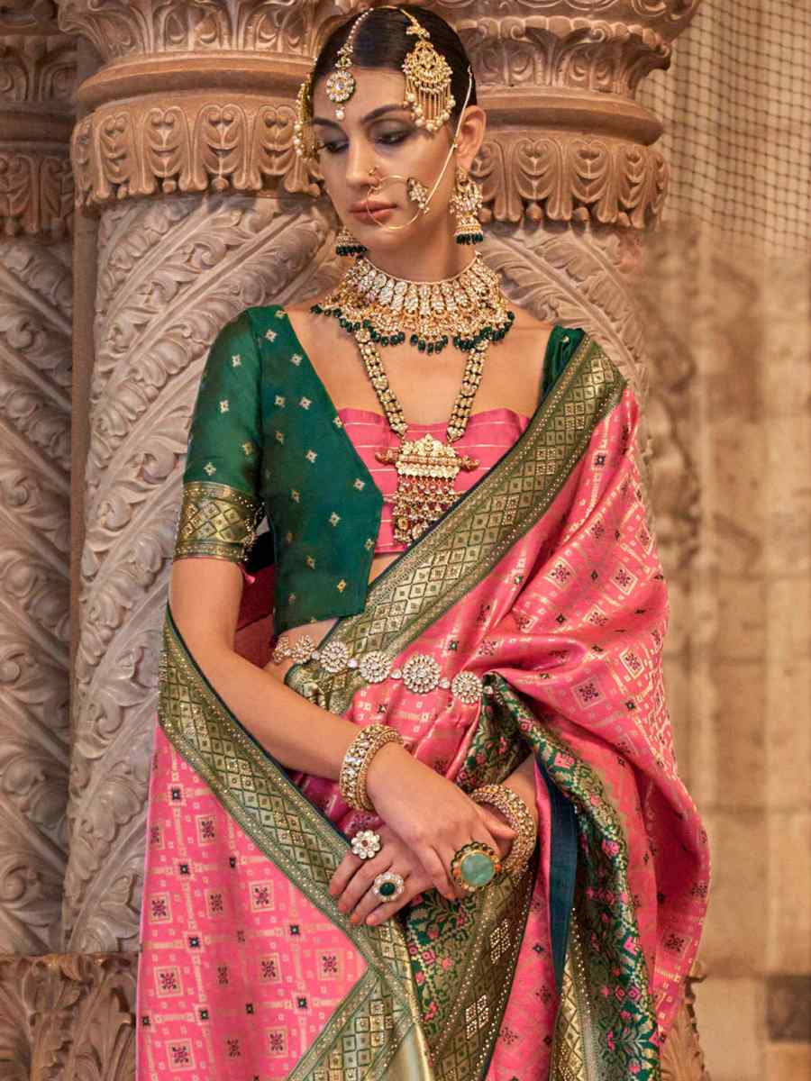 Pink Banarasi Silk Jacquard Handwoven Wedding Festival Heavy Border Saree