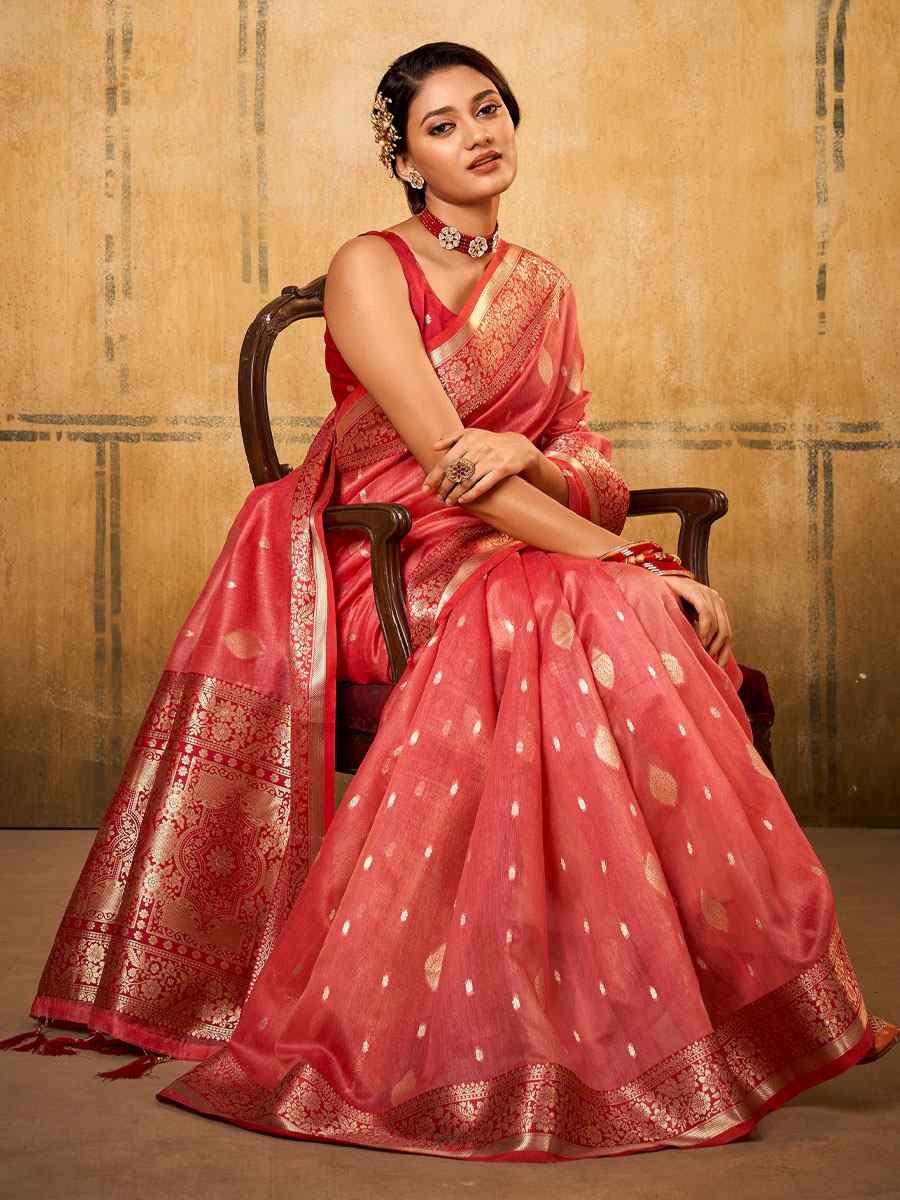 Pink Banarasi Silk Tissue Handwoven Festival Wedding Fancy Heavy Border Saree