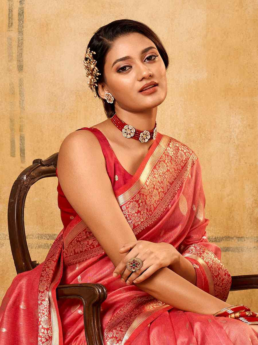 Pink Banarasi Silk Tissue Handwoven Festival Wedding Fancy Heavy Border Saree