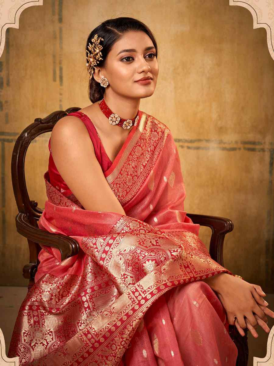 Pink Banarasi Silk Tissue Handwoven Festival Wedding Fancy Heavy Border Saree