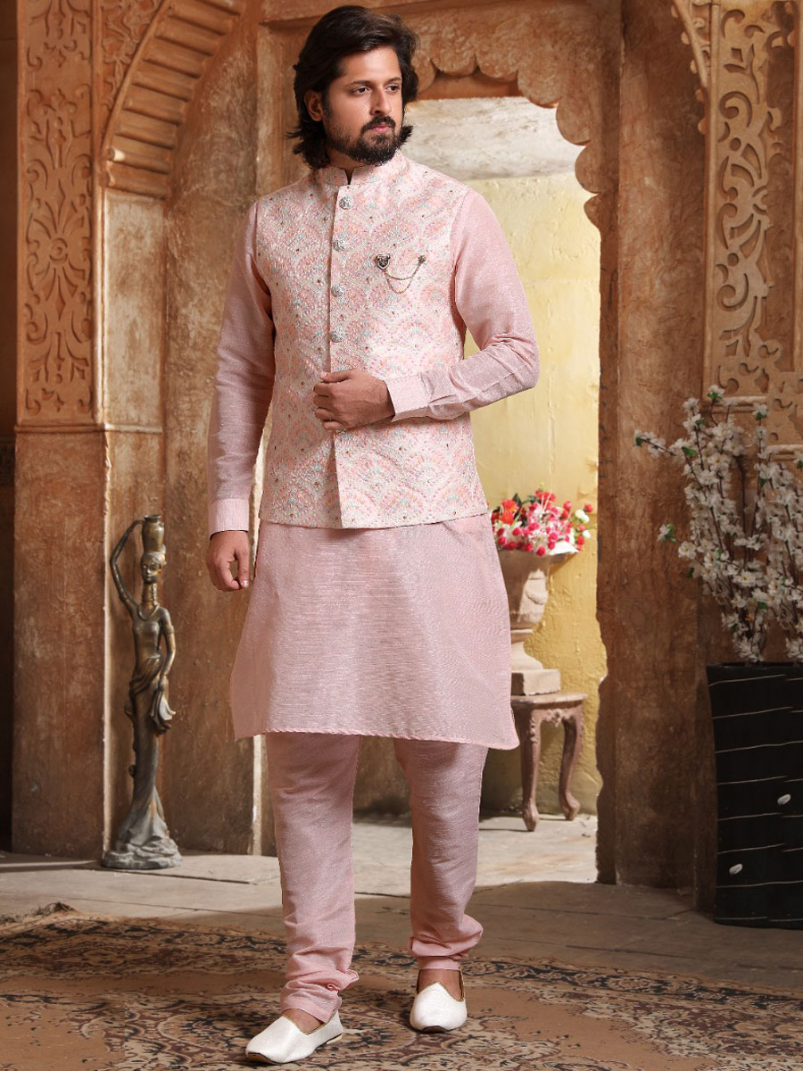 Pink Banarasi Silk Wedding And Festival Plain Kurta with Waistcoat