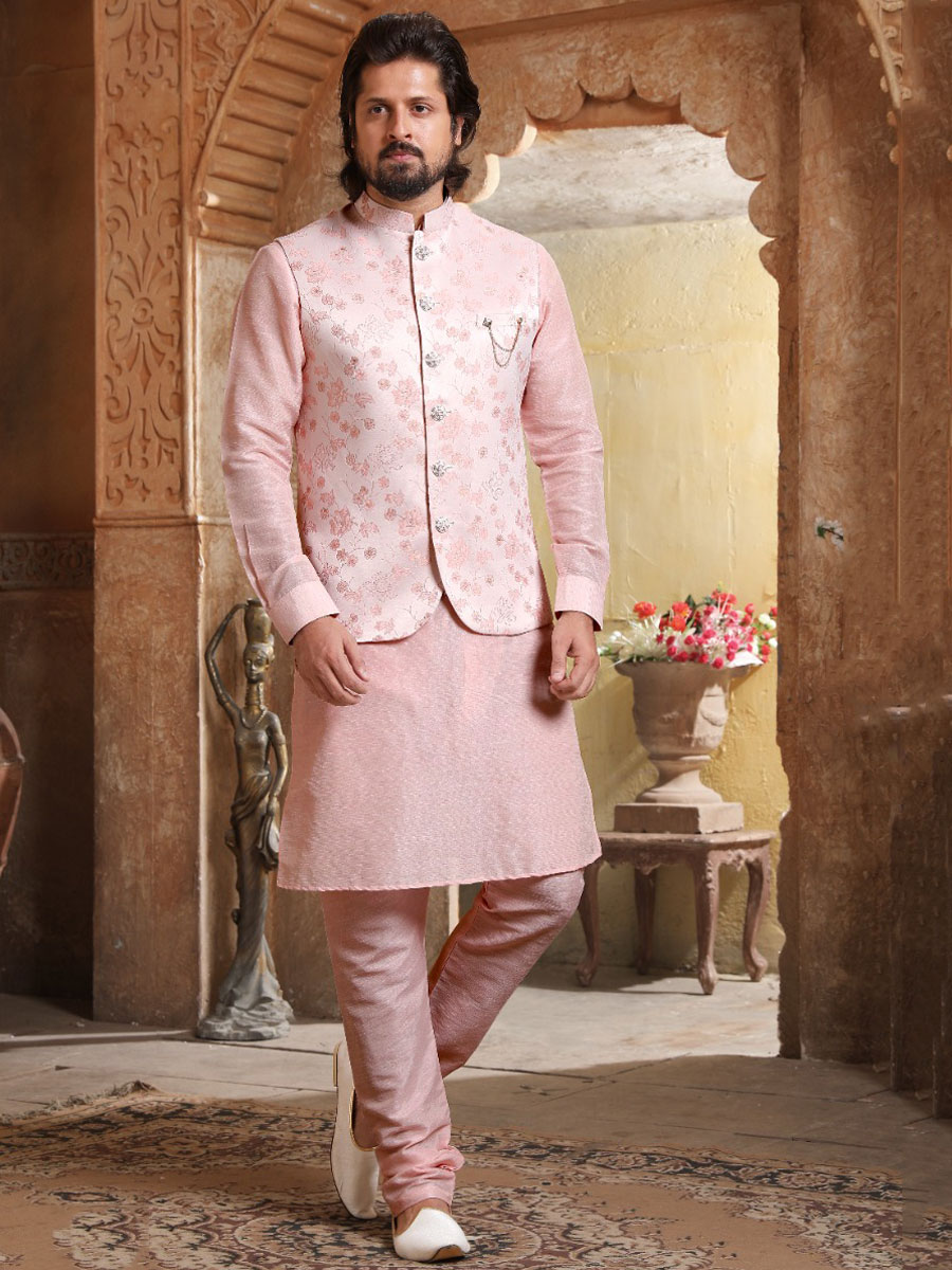 Pink Banarasi Silk Wedding And Festival Plain Kurta with Waistcoat